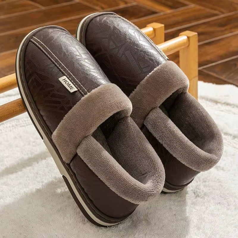 Men'S Home Winter Slippers Home Warm Shoes Thick Bottom Plush Waterproof PU Leather Home Couples Cotton Flat Couple Shoes