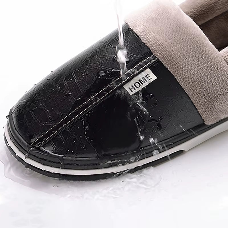 Men'S Home Winter Slippers Home Warm Shoes Thick Bottom Plush Waterproof PU Leather Home Couples Cotton Flat Couple Shoes