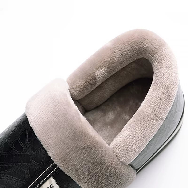 Men'S Home Winter Slippers Home Warm Shoes Thick Bottom Plush Waterproof PU Leather Home Couples Cotton Flat Couple Shoes