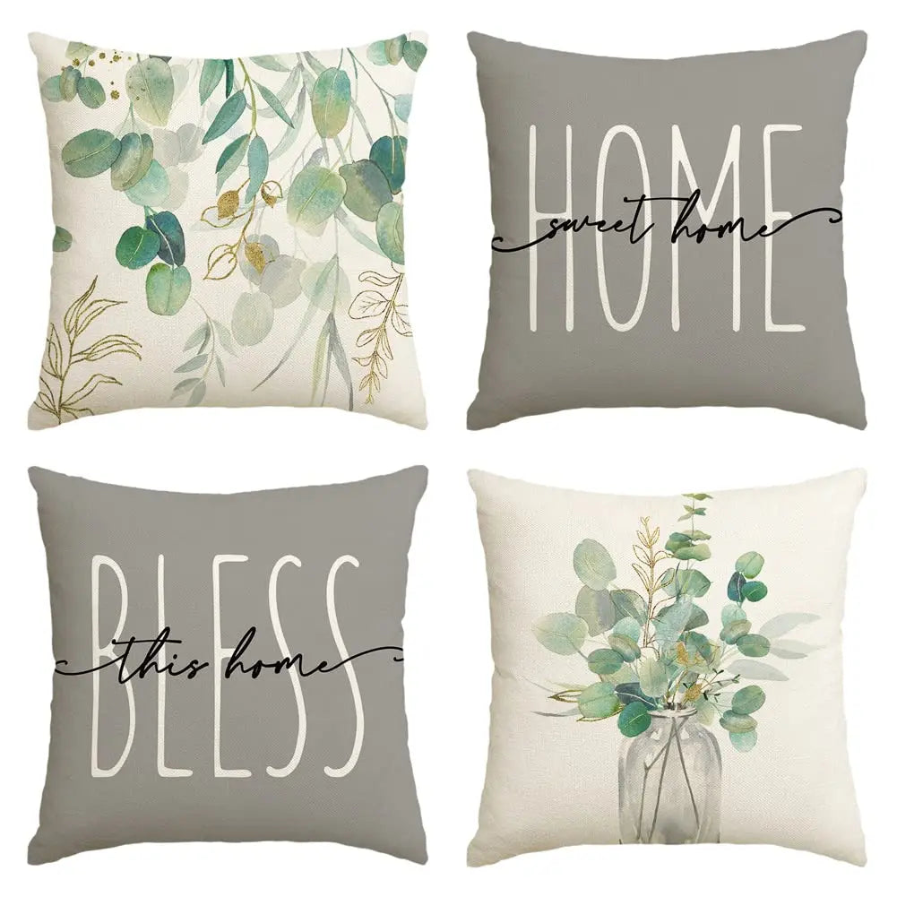 Home Sweet Home Eucalyptus Leaves Throw Pillow Covers, Spring Summer Seasonal Decorations for Home, Set of 4