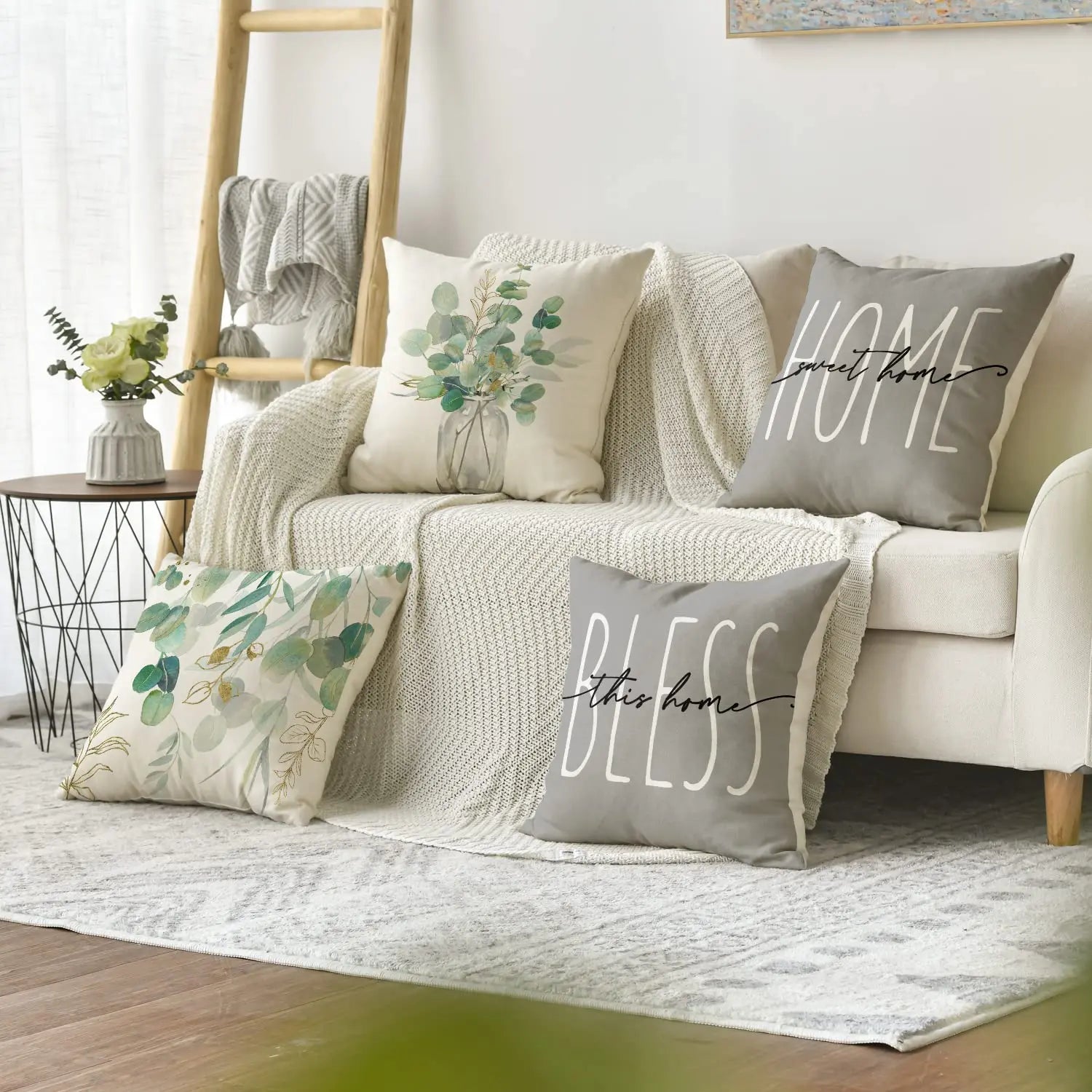 Home Sweet Home Eucalyptus Leaves Throw Pillow Covers, Spring Summer Seasonal Decorations for Home, Set of 4