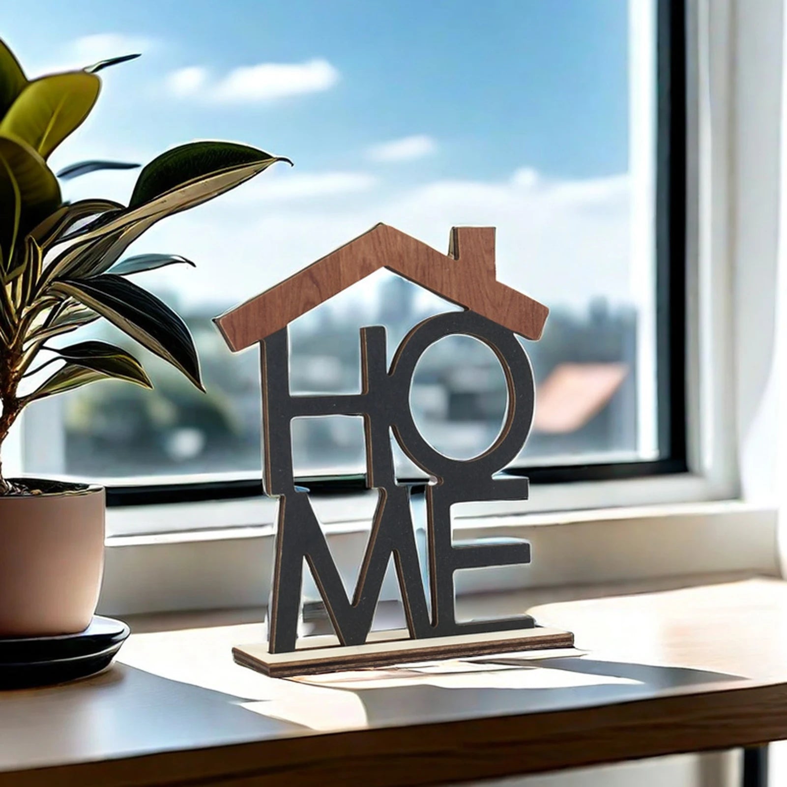 LOVE HOME Desktop Decoration Hollow Home Office Living Room Table Centerpiece with Wooden Base English Letter HOME Table Decor