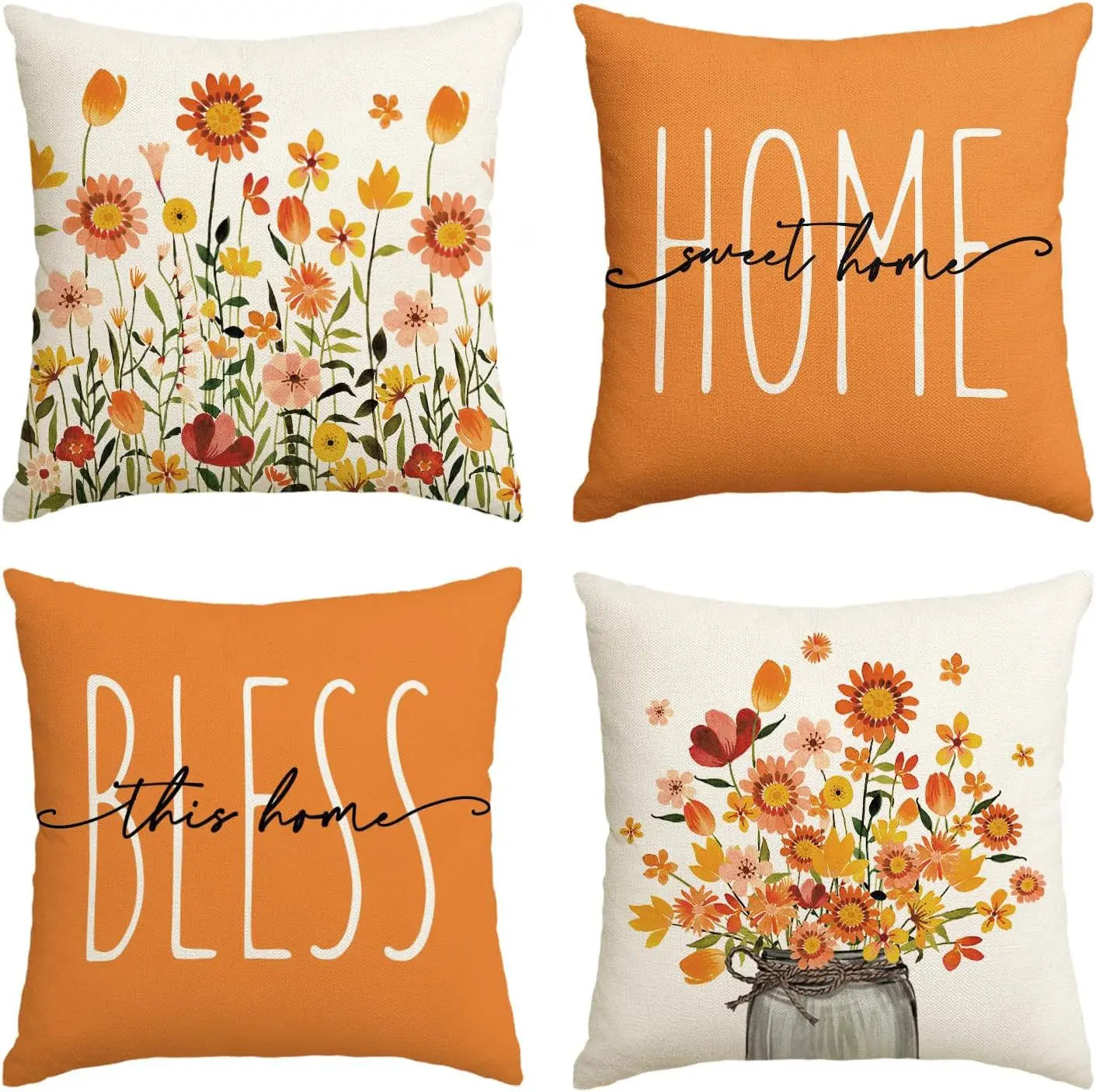 Home Sweet Home Eucalyptus Leaves Throw Pillow Covers, Spring Summer Seasonal Decorations for Home, Set of 4