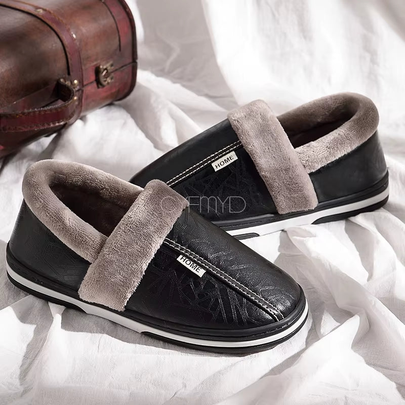 Men'S Home Winter Slippers Home Warm Shoes Thick Bottom Plush Waterproof PU Leather Home Couples Cotton Flat Couple Shoes