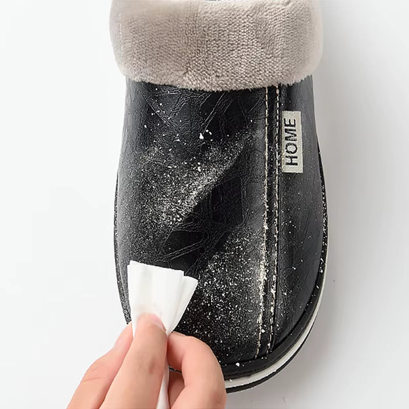 Men'S Home Winter Slippers Home Warm Shoes Thick Bottom Plush Waterproof PU Leather Home Couples Cotton Flat Couple Shoes