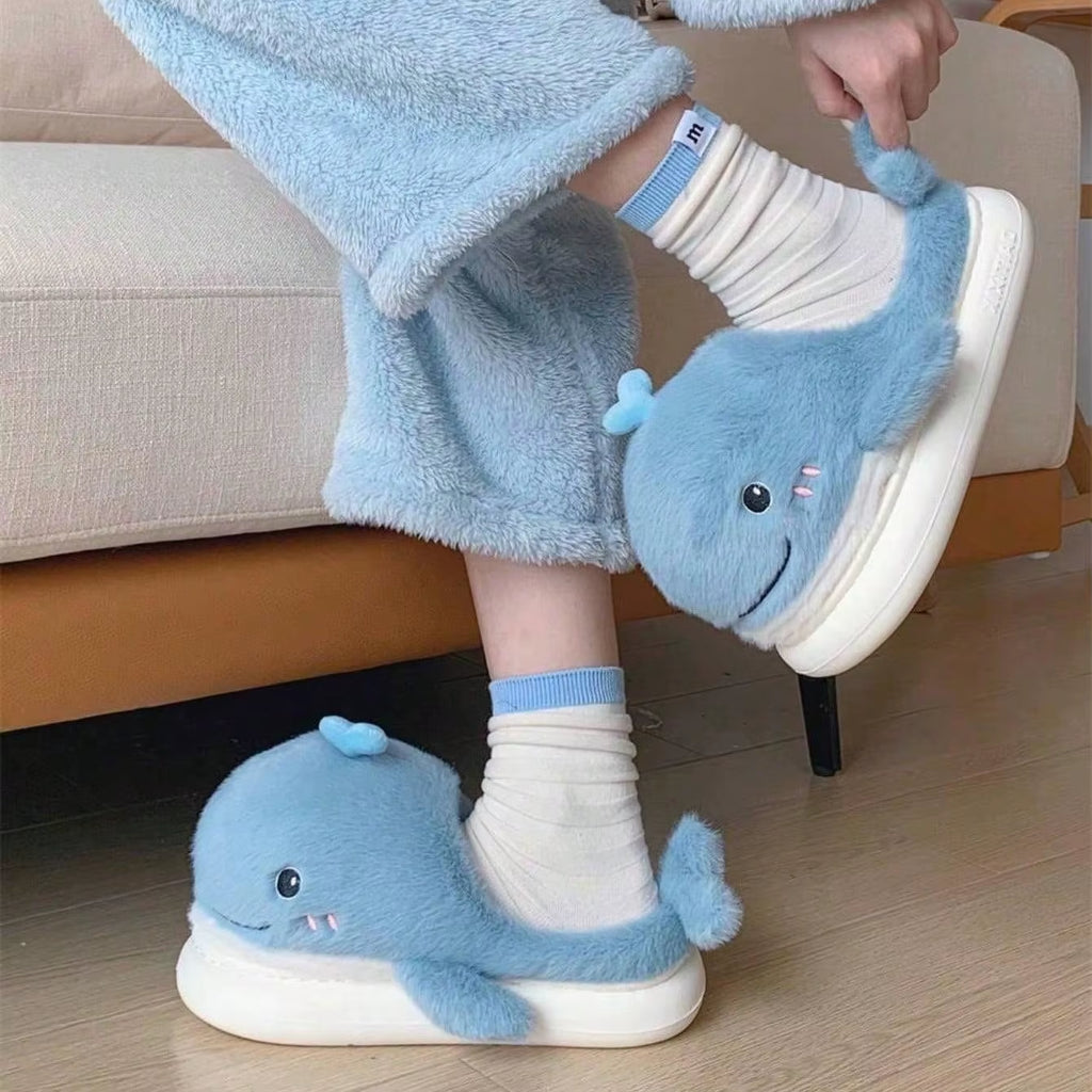 Cute Whales Winter New Women Slipper Soft Heel Platform Fur Warm Indoor Comfortable Home Fluffy Home Slippers