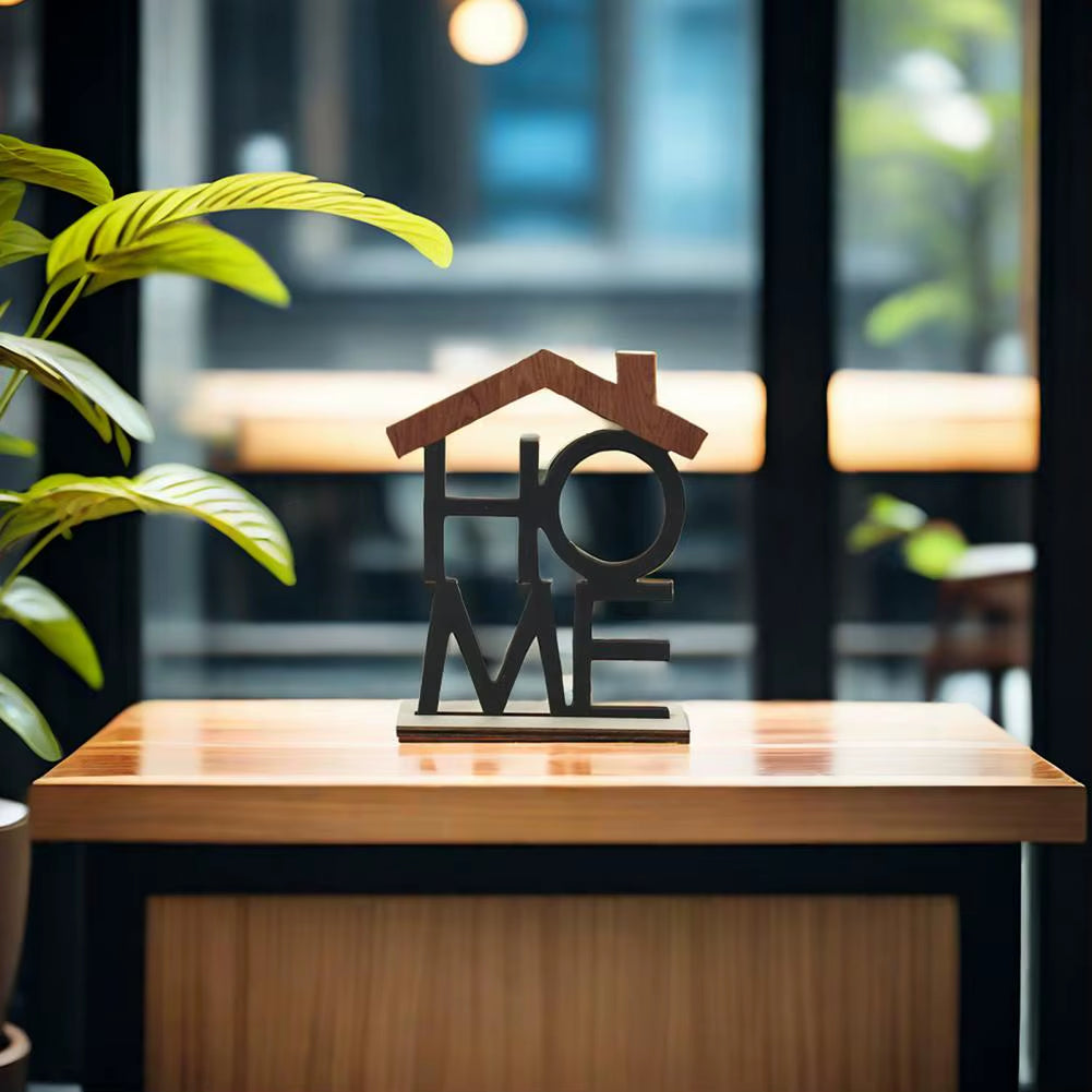 LOVE HOME Desktop Decoration Hollow Home Office Living Room Table Centerpiece with Wooden Base English Letter HOME Table Decor