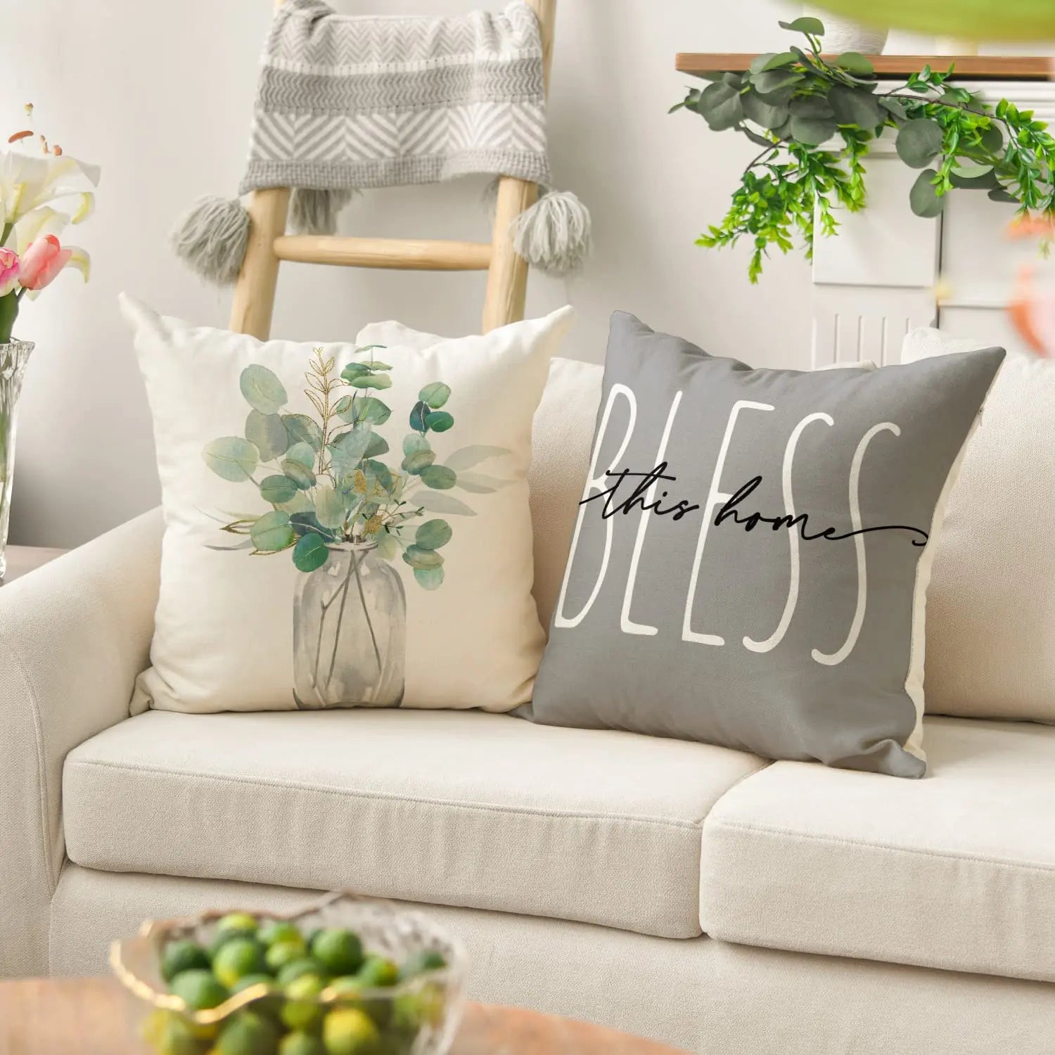 Home Sweet Home Eucalyptus Leaves Throw Pillow Covers, Spring Summer Seasonal Decorations for Home, Set of 4