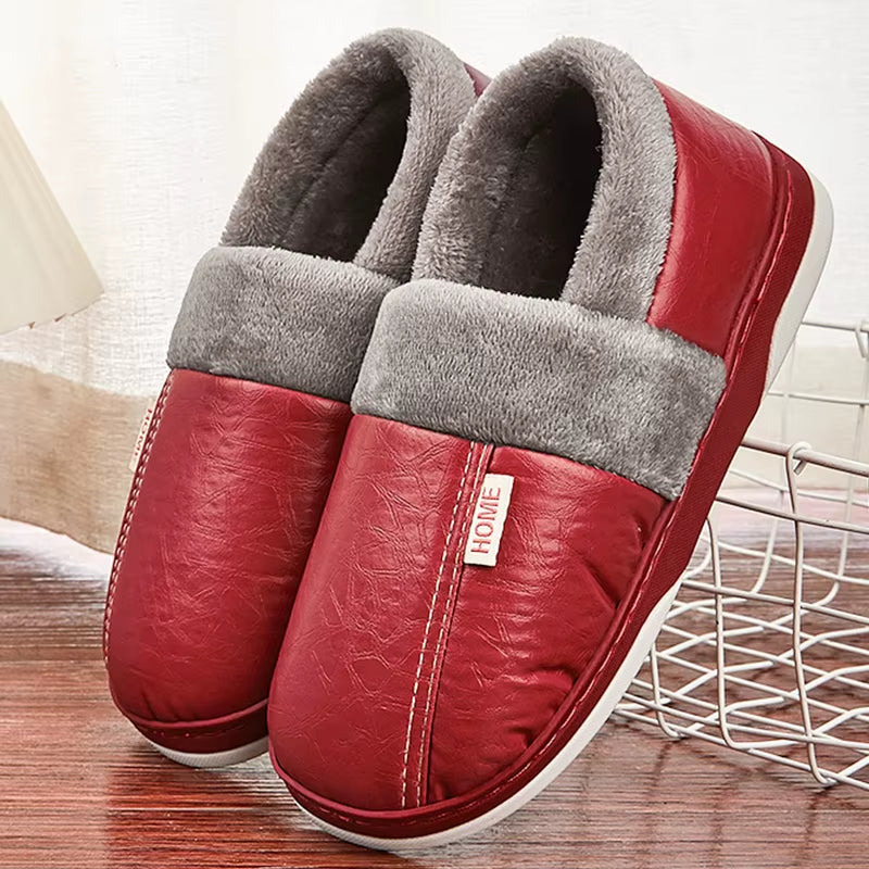 Men'S Home Winter Slippers Home Warm Shoes Thick Bottom Plush Waterproof PU Leather Home Couples Cotton Flat Couple Shoes