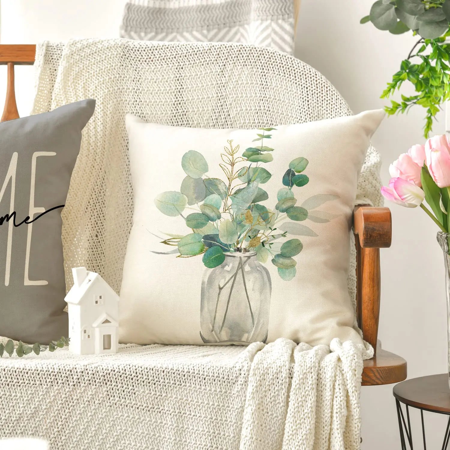 Home Sweet Home Eucalyptus Leaves Throw Pillow Covers, Spring Summer Seasonal Decorations for Home, Set of 4