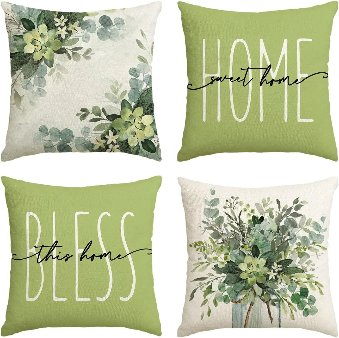 Home Sweet Home Eucalyptus Leaves Throw Pillow Covers, Spring Summer Seasonal Decorations for Home, Set of 4