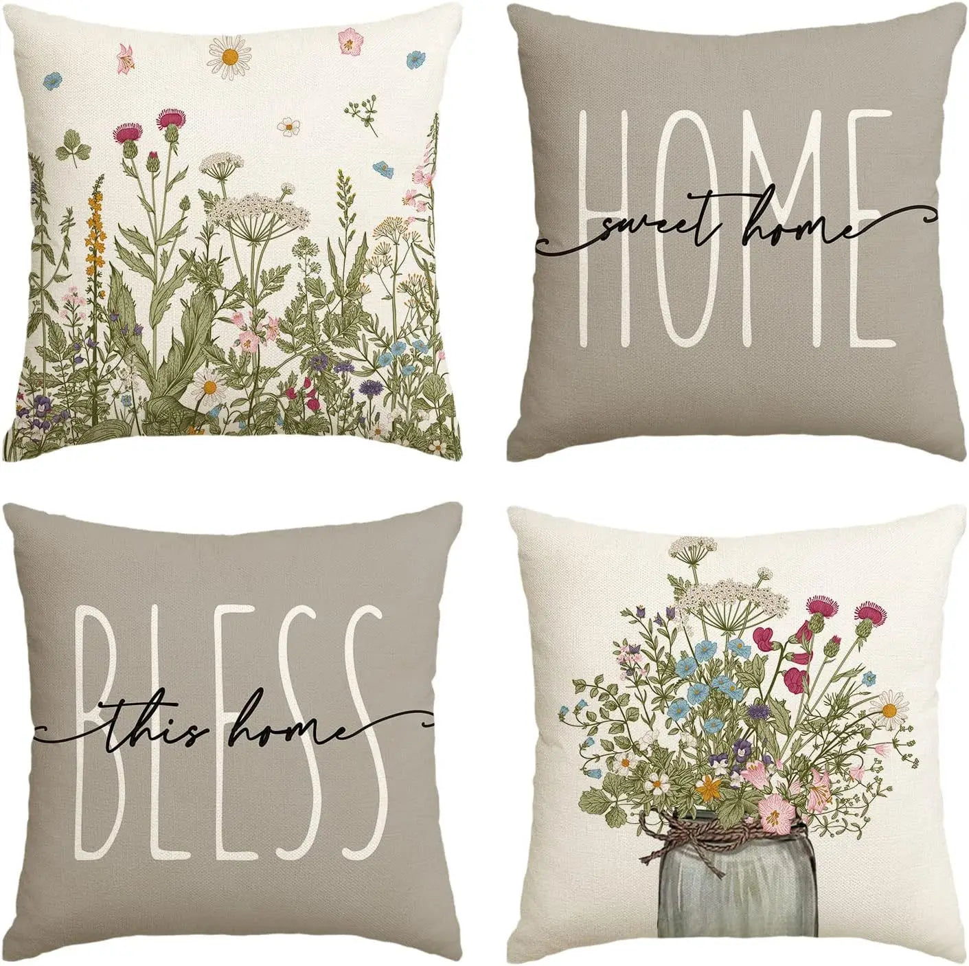 Home Sweet Home Eucalyptus Leaves Throw Pillow Covers, Spring Summer Seasonal Decorations for Home, Set of 4